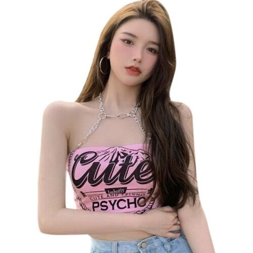 Korean Print Letter Camis Women Halter Exposed Navel Slim Sexy Vest Ladies Sleeveless Backless Casual Tank Tops