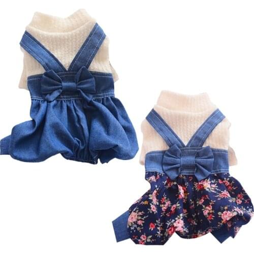 Fashion Pet Dog Jeans Jumpsuits with a Bowknot for Small Meidum Dogs Spring Cute Fashionable and Beautiful Eco-friendly
