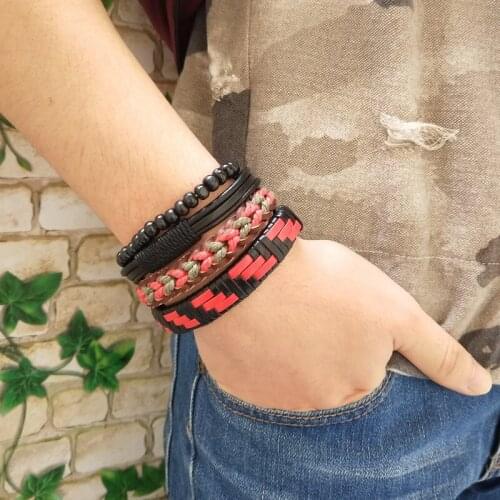 Trendy Women Bracelets Jewelry Black Red Braided Leather Bracelet Adjustable Women Bracelet Jewellery Bangles Male Gift
