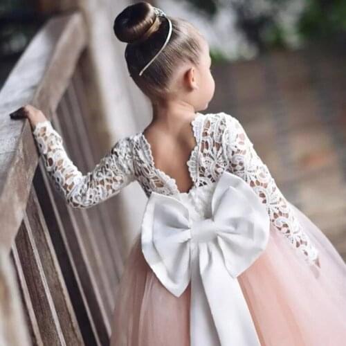 Cheap Flower Girl Wedding Dresses Long Sleeve White Lace Bow Puffy Tulle Girls Pageant Gown Communion Birthday Custome