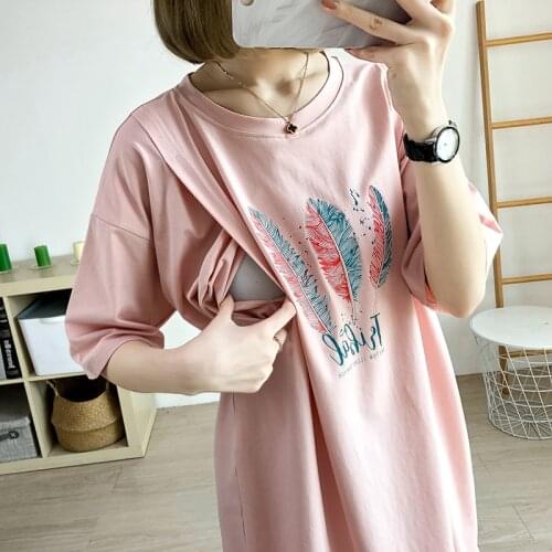 Mid-length Cotton Pregnant Women T-shirt Dress Feather Pattern Print Summer Nursing Top For Mom Wear Maternity Clothes 3939