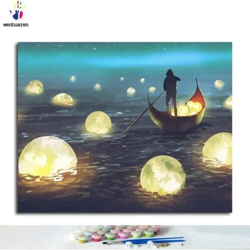 Paint by number, paint paint, and print the moon pattern in the water. Paint home decorations according to the picture