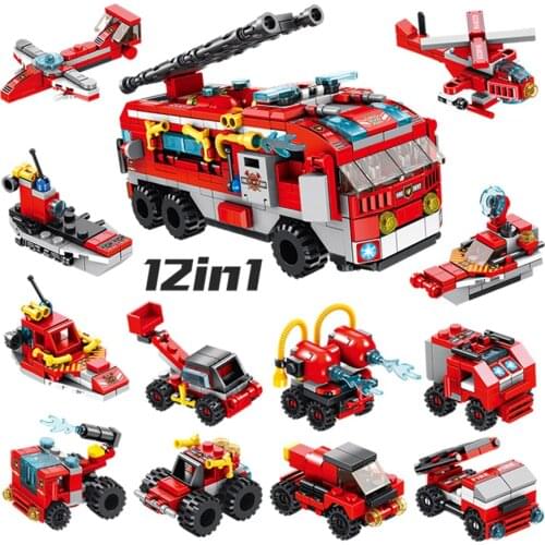 MEOA City Fire Brigade Series 12 IN 1 Transformation Fire Truck Building Blocks Aerial Ladder Truck Lifting Truck Aircraft Brick