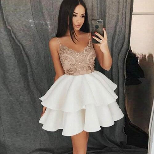 Sexy Short Cocktail Dresses Spaghetti Strap Sleeveless Lace Satin Ruffles Ball Gown Women Party Dress Pleat Homecoming Gowns