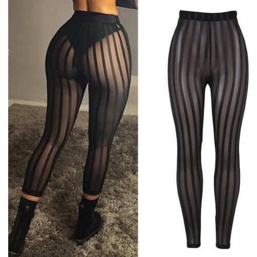 Sexy See Through Trousers 2019 Women Summer Cory Holiday Black Mesh Striped Pants Female Hot Elastic Pencil Ankle length Jogger