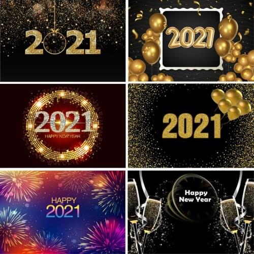 Sensfun 2021 Happy New Year Backdrops For Photography Black Gold Glitter Balloons Fireworks Party Celebration Backgrounds Poster