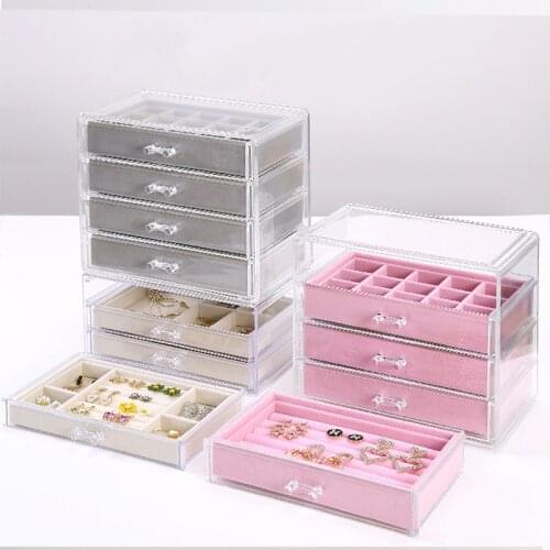 Four-layer Earrings Necklace Jewelry Box Acrylic Transparent Handmade Jewelry Box Flannel Drawer Bedroom Desktop Storage Box