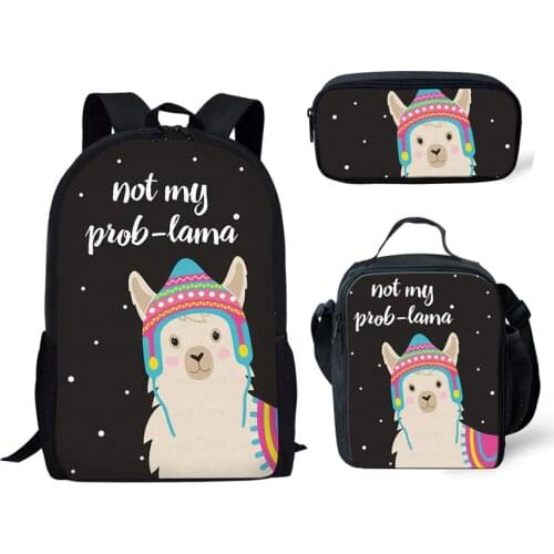 Teenage Boys Girls Schoolbag School Bags with Cartoon Llama Alpaca Print Backpacks 3 Pcs/Set Daily Book Bag Mochila Custom 2020