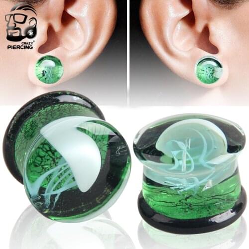 Glass Plugs and Tunnels 8mm-16mm Green Translucent Earring Gauges White Jellyfish Logo Ear Stretcher Body Piercing Jewelry
