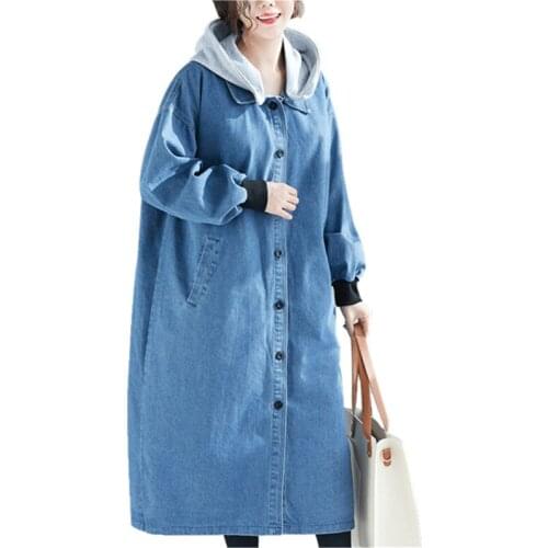 Oversized Women Denim Long Trench Coat Spring Autumn Fashion Casual Loose Coats Detachable Hooded Female Denim Windbreaker 4XL
