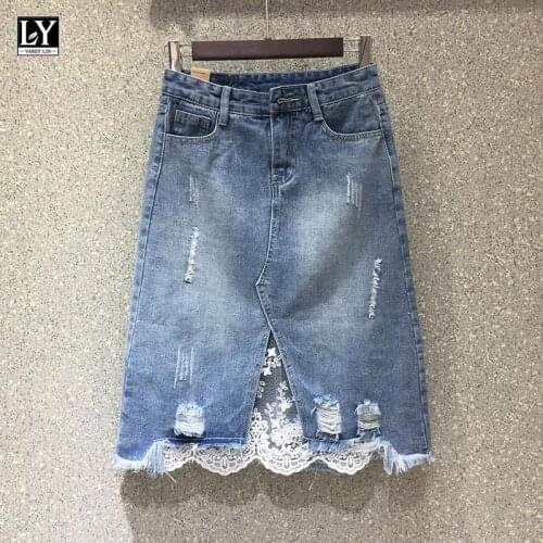 LY VAREY LIN 2021 New Spring Women Denim Skirts Casual Lace Irregular A-line Skirts High Waist Hole Split Denim Skirt Lady