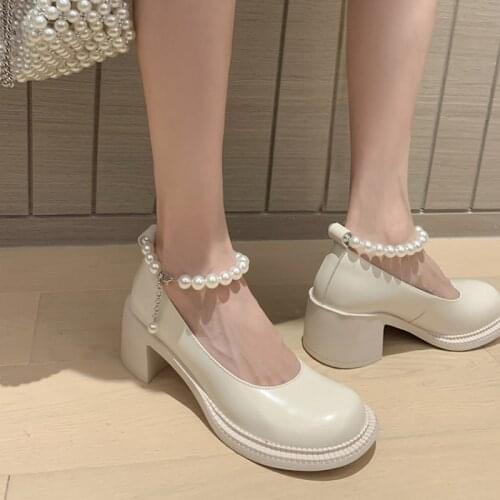 Chic String Bead Pearls Shoes Women Elegant Chunky High Heels Natural Genuine Cow Leather Pumps Woman Big Round Toe Footwear 40