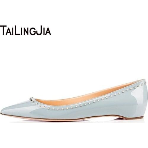 New Style Woman Shoes Light Bule Fresh Pointed Toe Slip On Flat Shoes With Many Studs Comfortable Ladies Flat Shoe Free Shipping