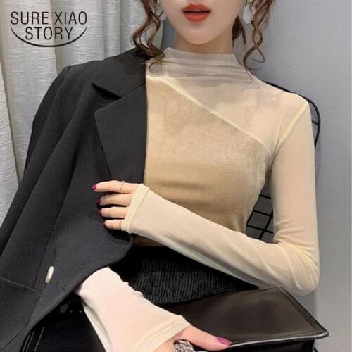 Winter Fashion Bottoming Shirt 2020 New Mesh Splicing Tops Slim Long Sleeve Half Turtleneck Pullover Solid Shirts Blusas 11415