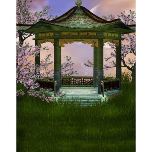 5x7ft Pink Flowers Tree Grass Chinese Pavilion Photography Backdrops Photo Props Studio Background