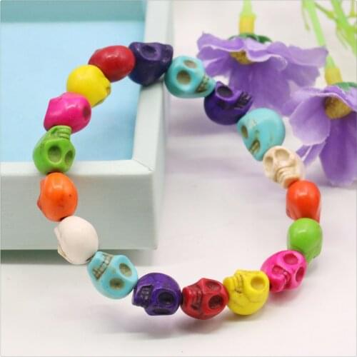 8X10mm Multicolor Skull Turkey Turquoises Beaded Bracelet Women Men Girls Lace-up Elastic Jewelry Making Design Hand Ornaments