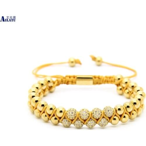 Ailatu Luxury Mens Jewelry Double Row Beaded Macrame Bracelet with 6mm Stainless Steel Beads Top Quality