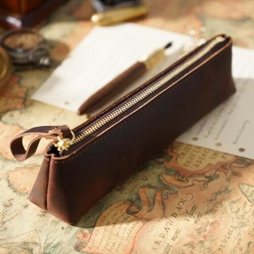 Handmade Genuine Leather Pencil Case Vintage Cowhide Simple Solid Color Pencil Case Stationery Junior High School Supplies