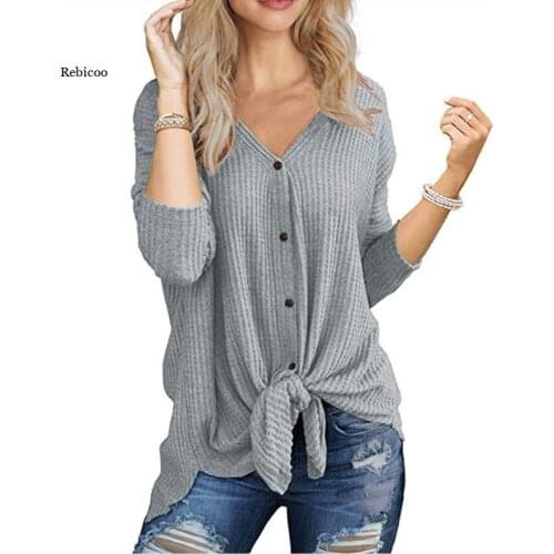Women Tie Knot Blouses Crop Tops Long Sleeve Deep V Neck Shirts Elegant Blouses Shirts Sexy Casual Tops