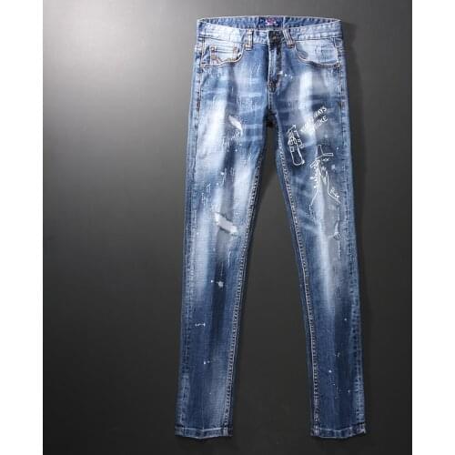 Newly Streetwear Fashion Men Jeans Retro Blue Patchwork Slim Fit Ripped Jeans Men Printed Designer Hip Hop Denim Punk Pants