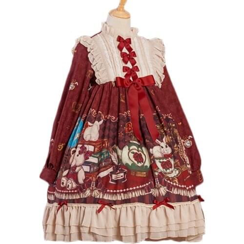 Red Lolita Dress Long Sleeve Crown Bear Printed Chiffon Lolita One P