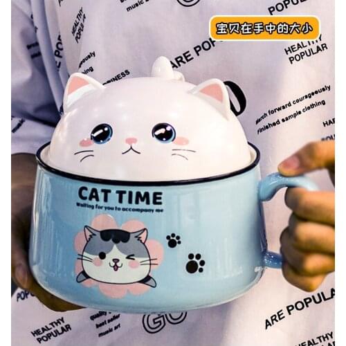 Creativity High Capacity Spoon with Lid Ceramics Instant Noodle Bowl Young Girl Dorm Room Student Office Super Large Bowl Mug