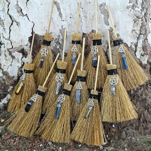 Dust Removal Broom Wicca Celtic Pentagram Mini Witch Broom Witchcraft Accessories Raw Crystal Wicca Altar Broom