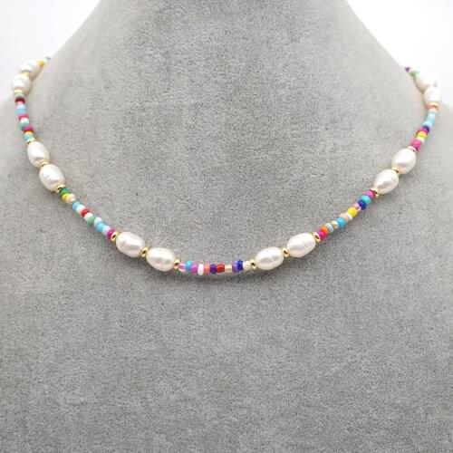 Trendy Bohemia Choker Multi-Color Beads Pearl Jewelry Stainless Steel Metal Gold Plated Freshwater Pearl Glass Beads Necklace