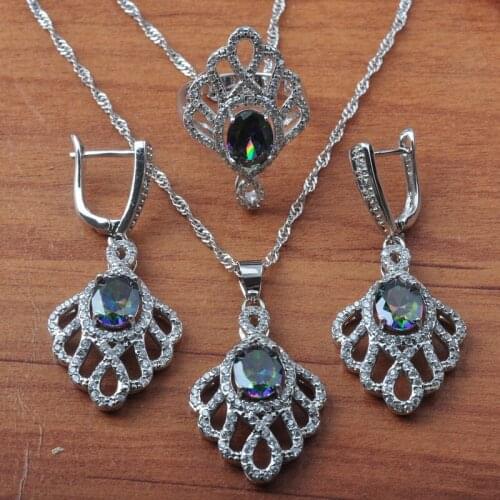 Multicolor Rainbow Zirconia Pink CrystalSilver Color Jewelry Sets Women Brithday Gift Earrings Necklace Pendant Rings Set JS0613