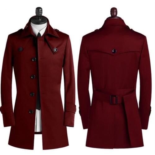 Mens trench coats man coat Single breasted wine red men clothes spring autumn fashion slim overcoat long sleeve new designer