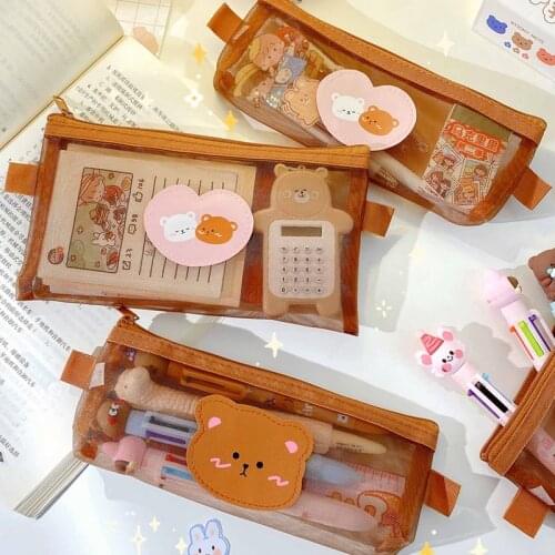 Kawaii Cartoon Cute Bear Transparent Pencil Case Large Capacity Pencil Cases Pen Pouch Storage Bags School Supplies Stationery