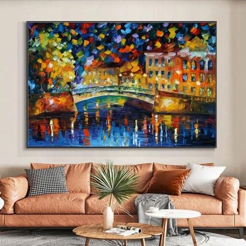 Hand Painted Oil Painting Modern Abstract Knife Painting Nordic Town Night Scene Canvas Painting Home Decoration Living Room