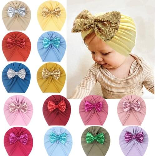 Glitter Sequins Bowknot Newborn Baby Girls Hats Solid Color Big Bow Cap Soft Cotton Beanie Caps Kids Accessories Birthday Gifts