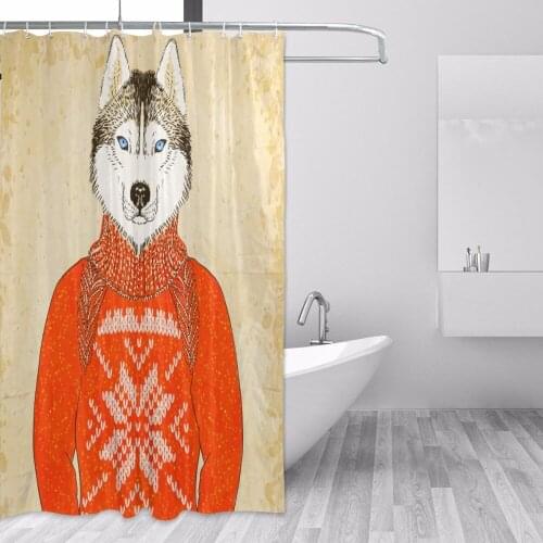 Husky Dog Wears Jacquard Sweater Shower Curtain Polyester Fabric Waterproof Bath Curtain for Bathroom Decor with 12 Hooks