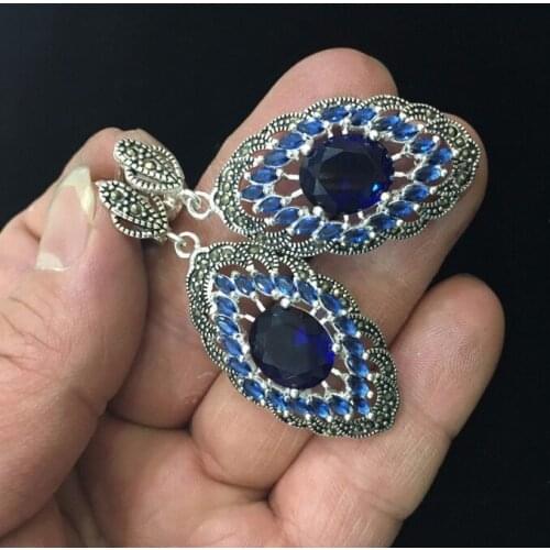 Ladys Fashion Genuine 925 Blue Crystal Art Style Marcasite Earrings natural Luxury Ms. girl Wedding Jewelry