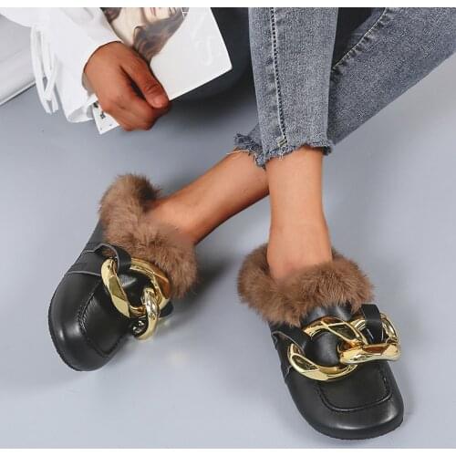 LazySeal Autumn Real Fur Metal Chain Mules Women Shoes Loafers Round Toe Casual Shoes Women Furry Slides Fluffy Hairy Flip Flops