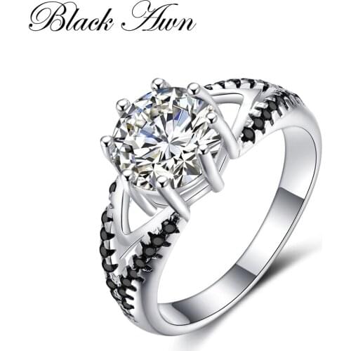 BLACK AWN 2020 Vintage Engagement Rings for Women Genuine 100% Sterling 925 Silver Jewelry Black&White Stone Bague Bijoux C252