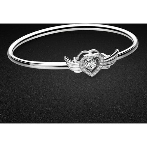 Chic Womens 100% 925 sterling silver bracelet noble cubic zircon inlaid heart open bracelet fine jewelry solid silver bangle