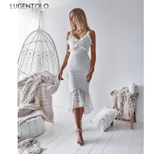 Sexy Dress Sleeveless Women White V-neck Lace Backless Slim Dresses Female Spaghetti Strap Lace Summer Pencil Dress
