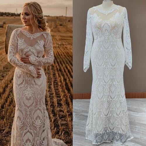 Long Sleeves Lace Country Wedding Dress Backless Vintage Beach Barn Ranch Plus Size Custom Made 2021 Mermaid Rustic Bride Gown