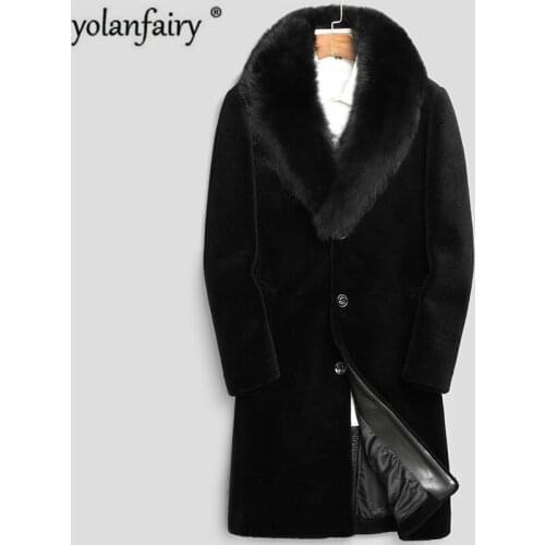 100% Wool Coat Winter Jacket Men Real Sheep Shearling Fur Long Coats Mens Fox Fur Collar Warm Jackets 5xl LSY070072 MY1612