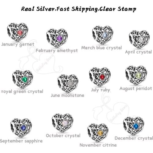 Openwork Heart Birthstone Beads Real 925 Silver March Birthday Charms Fits Original Bracelets Necklaces Bangles DIY Jewelry