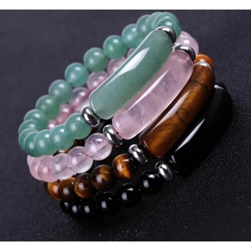 Natural Stone Strand Bracelet 8mm Quartz Aventurine Agates Rose Crystal Rectangle Bar Charm Beaded Bracelets fashion gift