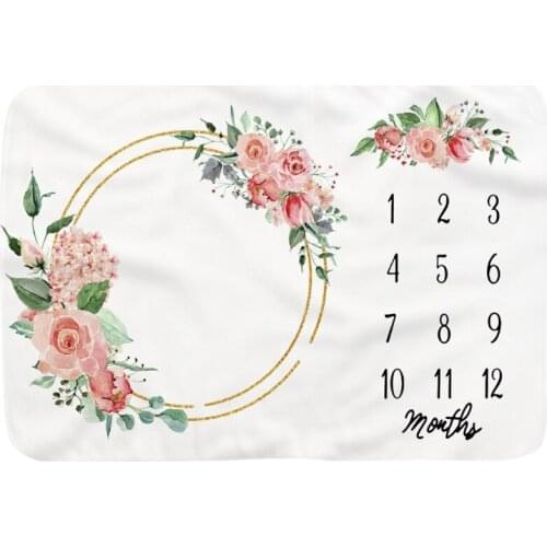 Baby Monthly Record Growth Milestone Blanket Newborn Soft Flannel Floral Printed Swaddle Wrap Photography Props Props