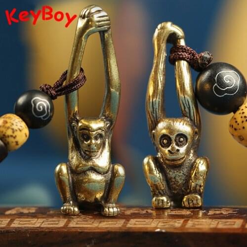 Monkeys Figurines Car Key Chain Hanging Jewelry Pure Brass Couple Braied Rope Keychain Pendants Women Backpack Charm Accessories