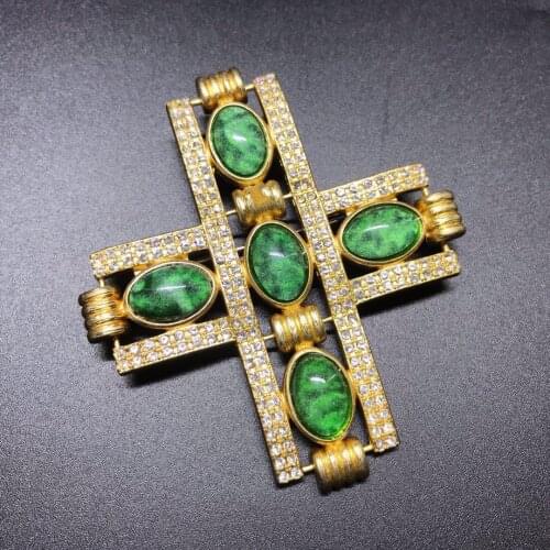 Brand Jewelry Vintage Yellow Cross Party Sweater Brooch Green Crystal Design Gold Color Fashion Brooches