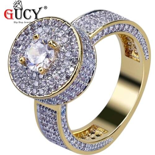 GUCY New Style Fashion Hip Hop Gold Color Plated Full Iced Out Bling Ring Micro Pave Cubic Zircon Stones Round Rings For Women