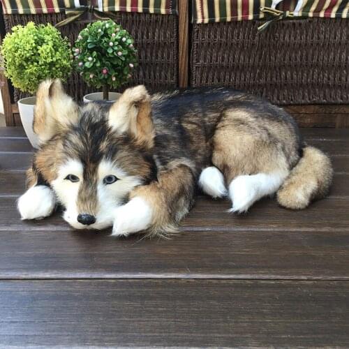 Simulation Animal Doll Sleep Husky Wolf Dog Real Fur Crafts Home Decoration