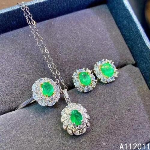 KJJEAXCMY Fine Jewelry 925 sterling silver inlaid natural gemstone emerald ring pendant earring set vintage supports test