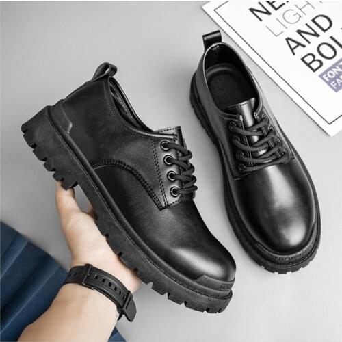 Men Oxford Shoes Flat on Platform Casual Shoes Autumn Men Fashion Black Lace Up Leather Shoes Sewing Round Toe Zapatos Mujer